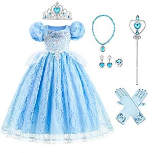 IBAKOM Enfant Fille Robe Princesse Cendrillon Tenues Carnaval Halloween Noël Anniversaire Fête Jouer un rôle Gants Baguette Magique Accessoires Bleu clair-15 7-8 ans (ZhuL, neuf)