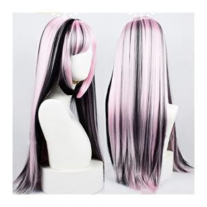 Perruque Naturel Perruque de cheveux synth&eacute;tiques longs et raides avec frange, reflets rose clair perruque de cosplay noire perruque de f&ecirc;te synth&eacute;tique r&eacute;sistante &agrave; la chaleur naturelle Perruque Coup (zengfanjunuk, neuf)