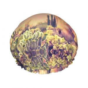 Bonnet de douche motif cactus au coucher du soleil pour homme et femme, r&eacute;utilisable, imperm&eacute;able, long et &eacute;pais, soins des cheveux, courts et enfants (SZLEI2505, neuf)