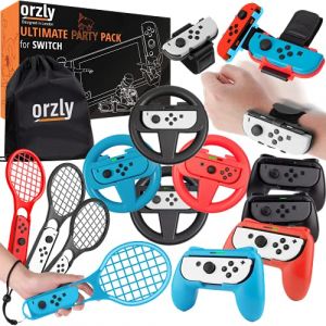 Orzly Party Pack d'accessoires compatibles avec Nintendo Switch OLED- 4x Volants et Grips, Bracelets, Raquettes de Tennis - tous à utiliser avec les manettes Joy-Con, Plus un Sac à Cordon de rangement (Syntiga Europe - FR, neuf)