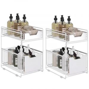 HUOLE Panier de Rangement Coulissant &agrave; 2 Niveaux,tiroir Organisateur, Porte-&eacute;pices, Panier Coulissant sous &eacute;vier, &eacute;tag&egrave;re de Rangement pour comptoir de Cuisine, Garde-Manger,Bureau (Blanc-2PC) (Hechheu, neuf)
