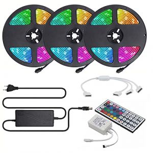 FOLGEMIR 15m (3x 5m) Ruban de RGB LED, 5050 SMD 450 (3x 150) LED, kit complet avec t&eacute;l&eacute;commande 44 boutons et alimentation 12V, &eacute;tanche IP65 pour l'&eacute;clairage de la d&eacute;coration (FOLGEMIR, neuf)
