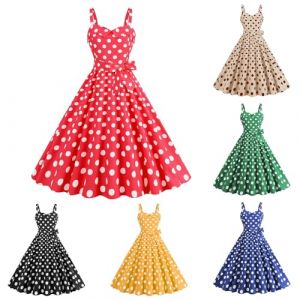 Robe Ann&eacute;e 60 Femme Sexy Col V sans Manche Retro Robe Style 1950's Audrey Hepburn Rockabilly Elegante Polka Dot Trap&egrave;ze Vintage Robes Swing Robe De Bal F&ecirc;te C&eacute;r&eacute;monie Mi Longue (001 Rouge, M) (Muessnew, neuf)