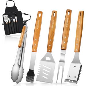PURPLEBIRD Couverts de Barbecue 5 pcs en Acier Inoxydable et Manche en Bois, Accessoires de Grill avec spatule de BBQ 4 en 1, pinces de BBQ, fourchette de BBQ, brosse &agrave; huile de BBQ et brosse de BBQ (Sheng mall, neuf)