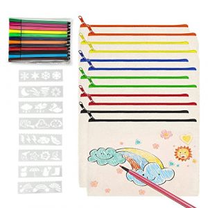 12 Pcs Pochette Tissu Zippée，Trousse a Colorier，Sac en Toile à Fermeture Éclair Colorée，Livré avec 12 Crayons Couleur et Gabaritdessin，Convient pour L'anniversaire des Enfants, L'école, Le Mariage (CLDESTINY, neuf)