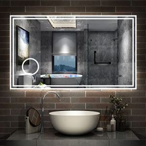 AICA Miroir de Salle de Bain LED avec Bluetooth, Mural Miroir avec Horloge + 3 Couleurs + Dimmable + Anti-buée + Grossissant 3X,Interrupteur Tactile Étanche IP44-140 x 80cm (AICA  Sanitaire, neuf)