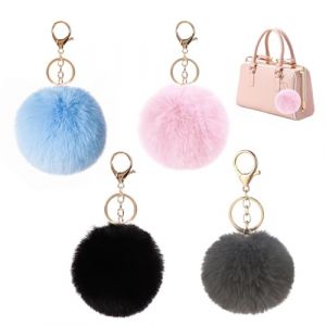 Lot de 4 Porte-cl&eacute;s &agrave; Pompons en Peluche, Pendentifs de Sac Multicolores, Accessoires de Mode pour Sac &agrave; Main, Cl&eacute;s, Voiture, Diam&egrave;tre 8 cm, Couleurs Assorties (Noir, Rouge, Bleu, Rose), Taille M (fanxiao3, neuf)
