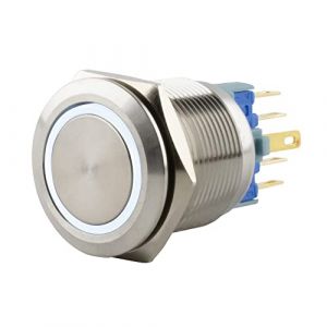SeKi Bouton poussoir en acier inoxydable - Diamètre : 22 mm - Forme de tête plate - Anneau LED coloré - Œillets à souder blancs - Connecteur 0,5 x 2,8 mm - Bouton de sonnette (ST-Vertrieb, neuf)