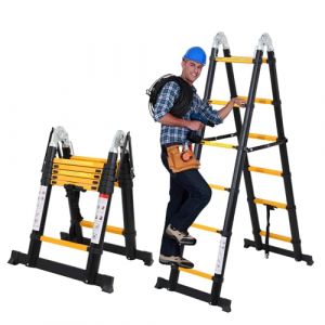 Lospitch Échelle télescopique Pliable en Aluminium de 3,8 m avec stabilisateur, échelle Pliante de qualité supérieure et échelle Pliable en Aluminium de 150 kg de Charge, Noir Jaune (BB-xin, neuf)