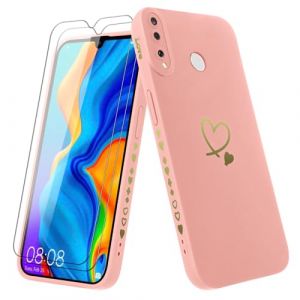 Vauki Coque pour Huawei P30 Lite/Nova 4e avec 2 Verre Tremp&eacute;, Etui Fille avec Or Motif Coeur Souple TPU Silicone Antichoc Anti-Rayures Housse Compatible avec Huawei P30 Lite/Nova 4e, Rose (HARMONIQUE WAY, neuf)