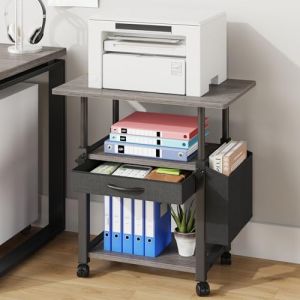 OYRREU Support Imprimante 3 Niveaux R&eacute;glable sur roulettes | Meuble pour Imprimante avec Tiroir et Sac Lat&eacute;ral | &Eacute;tag&egrave;re Bureau 56x38 cm pour Scanner, Fax, Imprimante 3D | Gris (EN-HOME, neuf)