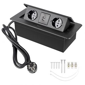 CPROSP Prise Encastrable Plan de Travail Noir, Multiprise Plan de Travail Cuisine avec 2 Prises + 2USB/Connecteur/1,8M Câble (CPROSP, neuf)