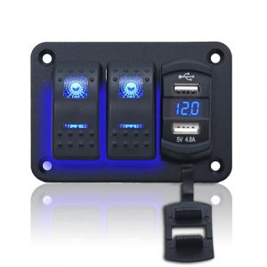 Geloo 2 Gang Panneau de Commutateur à Bascule étanche 12V/24V Marine Interrupteur avec 4,8A Dual-USB LED Voltmètre Interrupteur à Bascule pour Voiture Bateau Camion Camping-car (UKAUTO, neuf)