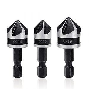 Mesee 3Pcs Fraises à Chanfreiner 90 Degrés 5 Flûte Fraise Conique à Noyer Foret Fraisage Bois de 1/4" Tige Hex en Acier 12mm/16mm/19mm Outil Coupe Chanfreinage Fraisoir pour Bois PVC (Newseez, neuf)