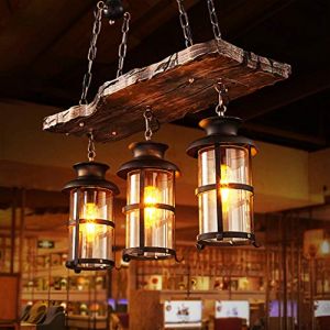 Lampe Suspendue E27 Pendant Lights Suspension De Fer En Bois Lustre En Verre Abat Rustique Salon Salle À Manger Café Hôtel Salle Cave Sous-Sol Hauteur Réglable Décoration Plafonnier (YZSJ, neuf)