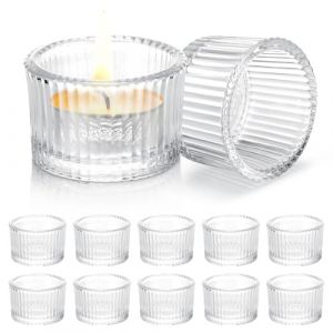 Lot de 12 Photophore Verre Transparent, 4.5x3.5cm bougeoir Verre, Design r&eacute;tro Support Bougie, Mini Supports pour Bougies Chauffe-Plat pour Le Mariage, F&ecirc;te et D&eacute;coration de Table (Teeyiuup, neuf)