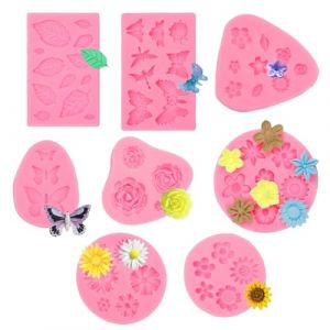 8 Pièces Moule Silicone Fleur 3d, Mini Roses/Marguerite/Papillon/Feuille/Tournesol Gâteau Fondant Moules, Resine Epoxy Antiadhésifs Moule en Silicone pour la Décoration de Gâteaux, Desserts, Savon (YYBYEU, neuf)