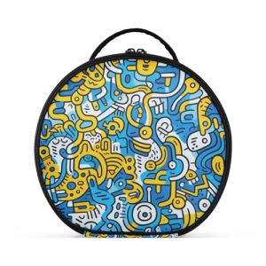 Dessin Au Trait Abstrait Doodle Bleu Jaune Cr&eacute;ativit&eacute; Trousse Sac Cosm&eacute;tique Circulaire de Maquillage Pochette Sacs avec Cloisons Amovibles pour Voyage Filles (HULAHULA, neuf)