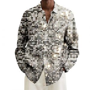 Wenlzhnb D&eacute;guisement Disco Homme Chemise Hippie Chemise &Agrave; Manches Longues &Agrave; Rever et Imprim&eacute; Num&eacute;rique pour Homme Grande Taille Annees 70 Adulte Costume Disco Tshirt Fluo F&ecirc;te Soir&eacute;e (01 Silver, XL) (Zwlhuiknb, neuf)