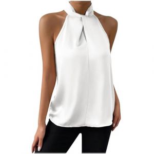 D&eacute;bardeur Femme Chic et &Eacute;l&eacute;gant sans Manches Mode Haut en Satin T-Shirt D'&Eacute;t&eacute; Chemise Ample &agrave; Col en V D&eacute;bardeur Femmes Sexy Licou Cou Suspendu R&eacute;servoir Couleur Unie Chemisier Dos Nu Gilet Hauts (⭐⭐⭐⭐⭐AEGJEGVD⭐⭐⭐⭐⭐, neuf)