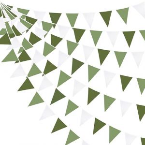 32Ft Olives Verte Fanions Guirlande Bannière Décoration de Fête Vert Foncé Vert Sauge et Blanc Tissu Triangle Drapeau Banderole pour Anniversaire Baptême Mariage Safari dans la Jungle Festival Décor (MZY Co., Ltd, neuf)