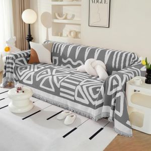 Royhom Housse de Canap&eacute; d'angle, Housse Canap&eacute; 4 Places, Gris Fonc&eacute; Couvre Canape Chenille, Protege Canape Angle avec Glands D&eacute;coratifs, Anti-Rides, Boho Gris Fonc&eacute;, 180x380 cm (Royhom Europe, neuf)