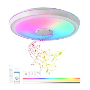 VOMI Plafonnier LED Couleur Avec Telecommande Dimmable RGB Luminaire Lampe Plafond avec Bluetooth Haut-Parleur 50cm Rond Moderne Musique Enceinte Contrôle App Éclairage Enfant Ado Chambre Salon (WVIVW, neuf)