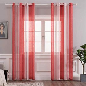 MIULEE Rideaux Voilage &agrave; Rayures Blancs et Rouge, Voilages Int&eacute;rieurs avec Oeillets, Beaux Voile Rideau Voilage Fenetre Chambre, Lot de 2 Transparent Rideaux Salon Hauteur 175 CM Voilage Court (MIULEE HOME, neuf)
