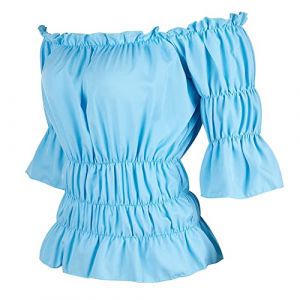 Jutrisujo Chemise Femme Blouse Costume Medieval Renaissance Pirate Shirt Rétro Victorien Épaule Manches Courtes Sexy Top été Bleu 3XL (jutrisujo Unique, neuf)
