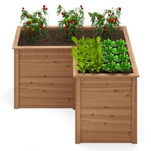 GOPLUS Carré Potager en Bois Haut, Jardinière en Forme de L avec Base Ouverte pour Légumes, Fruits, Fleurs, 120 x 120 x 63 CM, Bac Potager Extérieur pour Balcon, Terrasse, Jardin (Marron) (Augenstern24, neuf)
