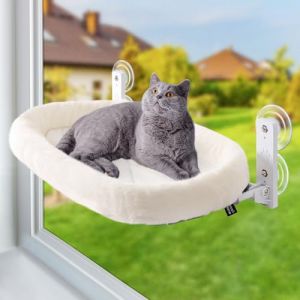 GUUSII HOME Hamac Chat Fenetre Perchoir Lit Fenêtre Panier Suspendu Etagere pour Grande Chats Pliable Transat Facile à Monter avec Ventouse Puissante Tapis Réversible 53 * 30cm Jusqu'à 18kg (Blanc, M) (GUUSII HOME, neuf)