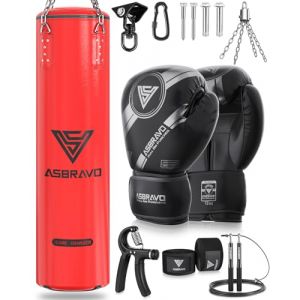 ASBRAVO Sac de Frappe pour Adultes - 120 cm - en polyuréthane - Gants de Boxe Lourds de 12 oz - pour MMA, Muay Thai, Kickboxing, Gym, Arts Martiaux (Non rempli) - Rouge (ASBRAVO, neuf)