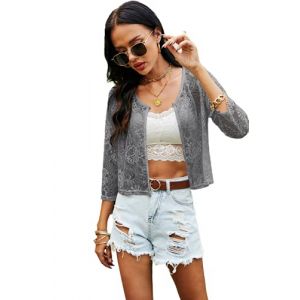 Ietaoo Boléro Femme Dentelle Cardigan Court avec Bouton Manches 3/4 Elégant Veste Boléro Gilet pour Été Printemps Automne Gris XL (Yitao-EU, neuf)