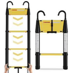 Cecaylie Échelle télescopique de 2,6 m, en aluminium, avec crochet amovible, extensible, multifonction, fonction de rétractation à un bouton, charge de rétractation lente, 150 kg, noir jaune (HAOHUOBPY, neuf)