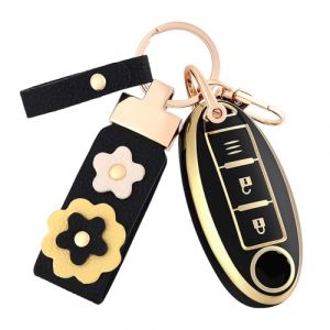 OFF WE GO Coque Cl&eacute; Etui Cles pour Nissan X-Trail Qashqai Murano Micra Leaf Kicks Tiida Pathfinder Note Juke Cube Boitier Cl&eacute; Voiture &Eacute;tui Cl&eacute;s avec Porte-cl&eacute;s Voiture Cl&eacute; &agrave; T&eacute;l&eacute;commande, Noir Or (OFF WE GO, neuf)