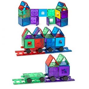 Playmags Ensemble d'accessoires de 50 pièces - avec des aimants plus puissants, des jouets STEM pour les enfants, des carreaux magnétiques robustes et super durables avec des carreaux de couleur claire et éclatante avec 4 voitures, jeux pour jeux pour enf
