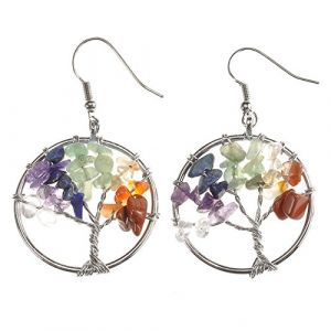 JOVIVI Paire Clou Boucle d'oreille Arbre de Vie Crochet 7 Chakra Pierres Naturelles Perles d'Energie Cuivre Tib&eacute;tain Bouddhiste avec Pendentif Arbre de la Vie Bijoux de Corps Beaut&eacute; (kaenmis, neuf)