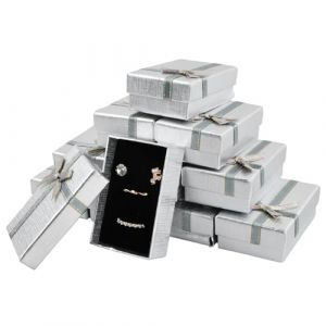24PCS Petit Boite Cadeau, Boite Bijoux Cadeau rectangle, Ecrin Bijoux avec Nœud, Coffrets Cadeaux Bague Vide, Couvercle Boîtes Cadeaux pour Pendentif, Boucle d'oreille, Collier Bague 8*5*3cm (Argent) (Amoxike, neuf)