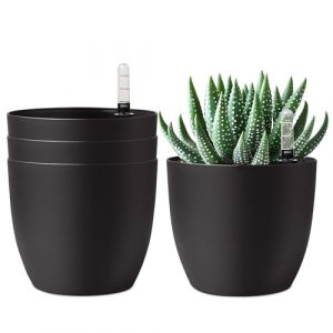 T4U 4 Pcs Pot à Réserve d'eau Rond en Plastique Noir 15 cm, Pot de Fleurs d’Extérieur et d'Intérieur avec Indicateur de Niveau d'eau Convient aux Jardins de Balcon (Mucihome-europe, neuf)