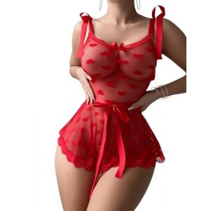 Body Femme Lingerie Sexy Nuisettes Maille Transparente sans Manches Motifs C&oelig;urs Lacets Teddy Bodysuit Combinaison Une Pi&egrave;ce Jumpsuit Stretch Chic avec Ceinture Amovible Rouge No&euml;l (S) (Jiaoxiaoyan store, neuf)