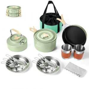 Odoland Camping Batterie de Cuisine pour 2 Personnes, Set de Couverts de Camping, Poêle à Frire Moyenne + Casserole Moyenne, Bouilloire 0,8L, 2 Sets de Couverts en Acier Inoxydable, Vert (Aveka, neuf)