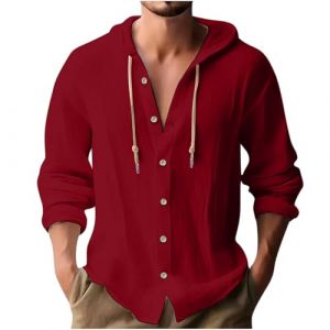 UHouse Chemise Homme Lin Manches Longues &agrave; Capuche D&eacute;contract&eacute; Chemisette Oversize Haut Coton Respirant Vetement Fin Cut Leger Grande Taille Habit Ample Casaul Chemises Rouge XL (UHouse FR, neuf)