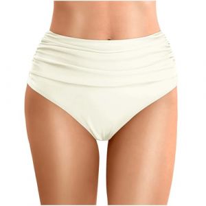Bas de Maillot de Bain Femme Bandeau Bikini Culotte Taille Haute Short de Bain Femme Élégant Ventre Plat Bas de Maillots Shorty Slip (02-Beige, XL) (YHGAQTB, neuf)
