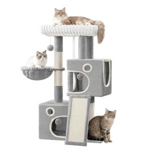 Hzuaneri Arbre a Chat, Petit Arbre &agrave; Chat de 98 cm, Spacieux et Stable, avec Grande Plateforme Souple, Pompons, Panier, Griffoir et Planche &agrave; Gratter, Gris Clair MS10118LG (Hzuaneri FR, neuf)