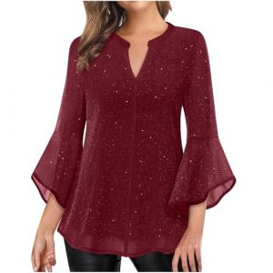 Femme Blouse &agrave; Paillettes Col Crois&eacute; en V Cache-C&oelig;ur Paillett&eacute; &agrave; Manches 3/4 &agrave; Taille Pliss&eacute;e Haut &agrave; Sequins Chic et &Eacute;l&eacute;gant Haut a Paillette Femme Soiree Disco Chemisier Tenue de Fete Pas Cher (⭐⭐⭐⭐⭐AEGJEGVD⭐⭐⭐⭐⭐, neuf)