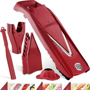 Coupe-Légumes Börner V5 (Plus Set) • Mandoline en V Réglable + Accessoires Supplémentaires + Éplucheur • Avec Lame en V en Acier Inoxydable • Pour Tranches, Bâtonnets, Dés • Rouge (Börner Distribution International GmbH, neuf)