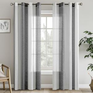 EMEMA Rideaux ray&eacute;s Transparent avec &oelig;illets Voile Salon Moderne Set de 2 Rideaux Chambre &agrave; Coucher Transparent avec Motif Rideau Semi-Transparent Rayures 140 x 185cm Blancs et Gris (EMEMA HOME, neuf)