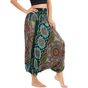 Nuofengkudu Femme Hippie Sarouel Combinaison Pantalon Bretelles Jumpsuit Taille Haute Large Boheme Fleuri Imprimé Leger Grande Thai Yoga Pants Homewear Coloré Ete Plage Floral Vert (better Life, neuf)