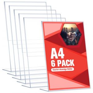 Acrrynii Lot de 6 Pr&eacute;sentoir de Table A4, Presentoir Plexiglas A4 en Forme de L Inclin&eacute;, Porte Affiche en Acrylique Transparent, Support A4 pour Menu, Publicit&eacute;, Restaurant, H&ocirc;tel, Bureau, Magasin (DDD-Office, neuf)