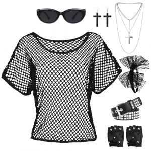 Mprocen Robe fantaisie des ann&eacute;es 80 pour femme - Accessoire de costume des ann&eacute;es 80 - Style r&eacute;tro hip-hop - r&eacute;sille - Rivets - Gants - Ceinture en dentelle - Bandeau pour Halloween, carnaval, f&ecirc;te &agrave; (peacecos, neuf)